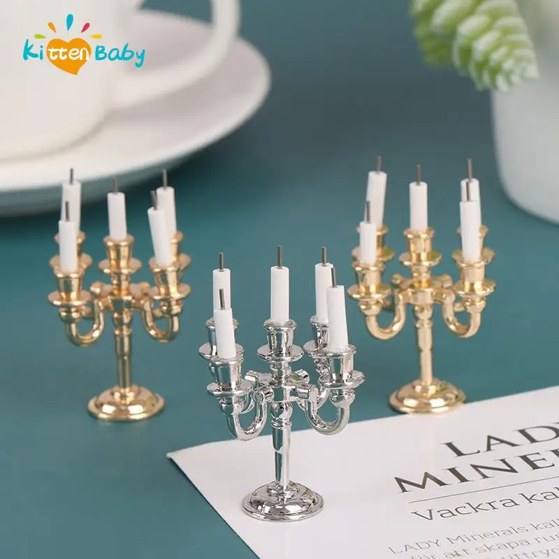 1Pair 1:12 Dollhouse Mini Table Candle Candlestick Christmas Scene Home Ornament Cake Candle Holder Decorating Doll House