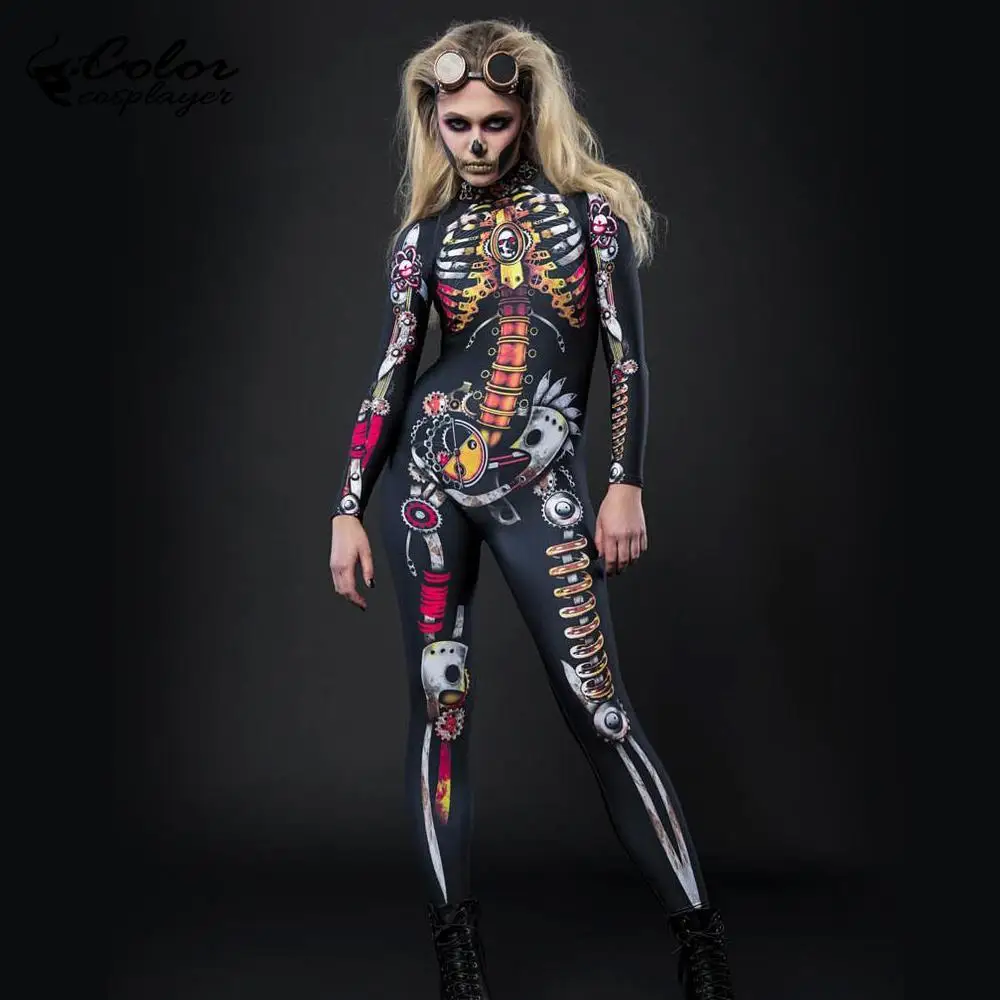 

Color Cosplayer Steampunk Skeleton Bodysuit Skull Purim Festival Cosplay Costume Halloween Tight For Woman Cadre Suits