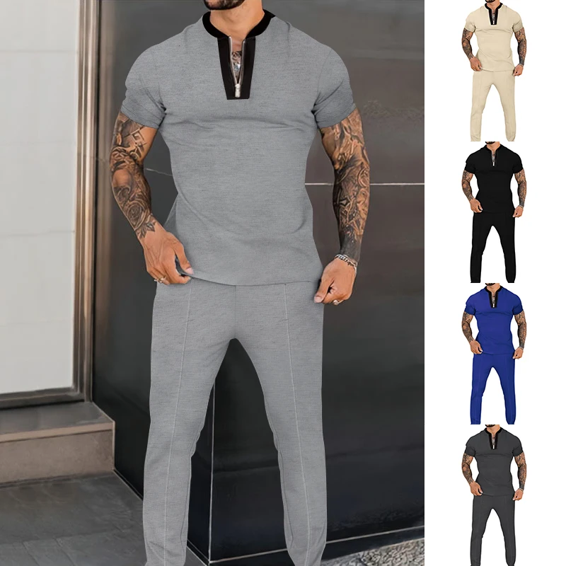New Solid Color Men's Suit Summer Casual Short Sleeve Polo Shirt Calf Pants Men Streetwear Male tracksuit 2-piece Set