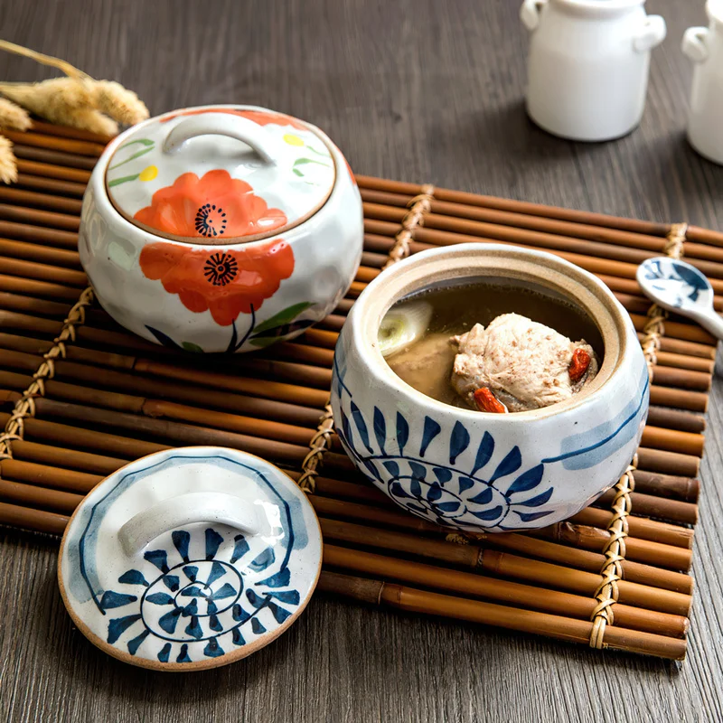 Japanese Ceramic Stew Pot Soup Bowl with Lid Egg Cup Birds Nest Sugar Sauce Dessert Bowl Home Kitchen Tableware Small Soup Pot