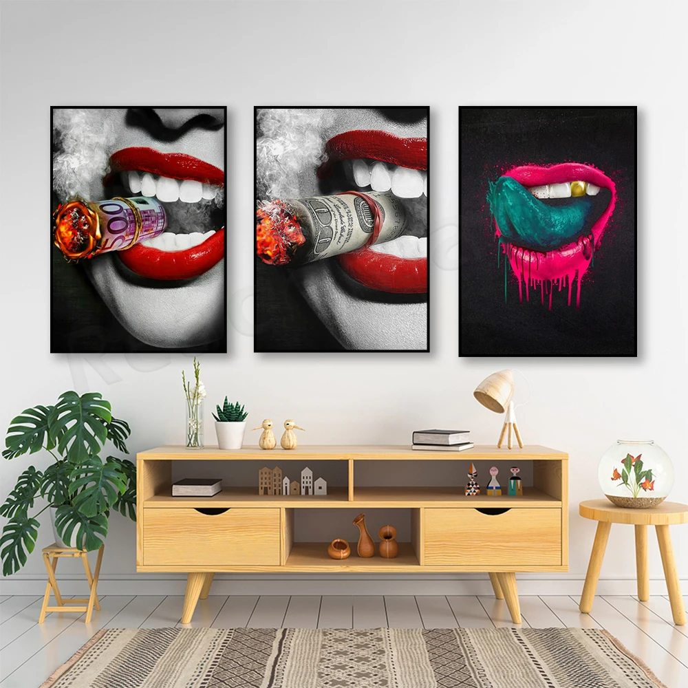 Постер для курительной женщины, холст с изображением красных губ, денег, сигар, уникального дизайна, настенный художественный принт, женские губы, курительная женщина, декор для комнаты,