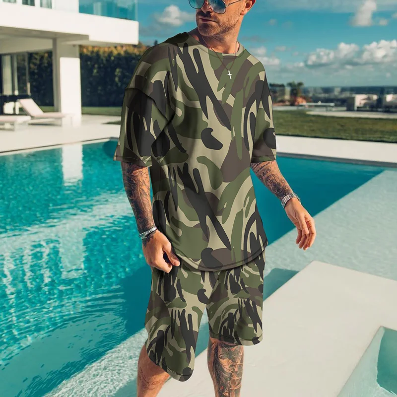 Camouflage T Shirt Summer Man Sets Oversized Outdoor Casual Sports Shorts Suits 3D Print Clothing Mens Tracksuit 2 Piece Outfits