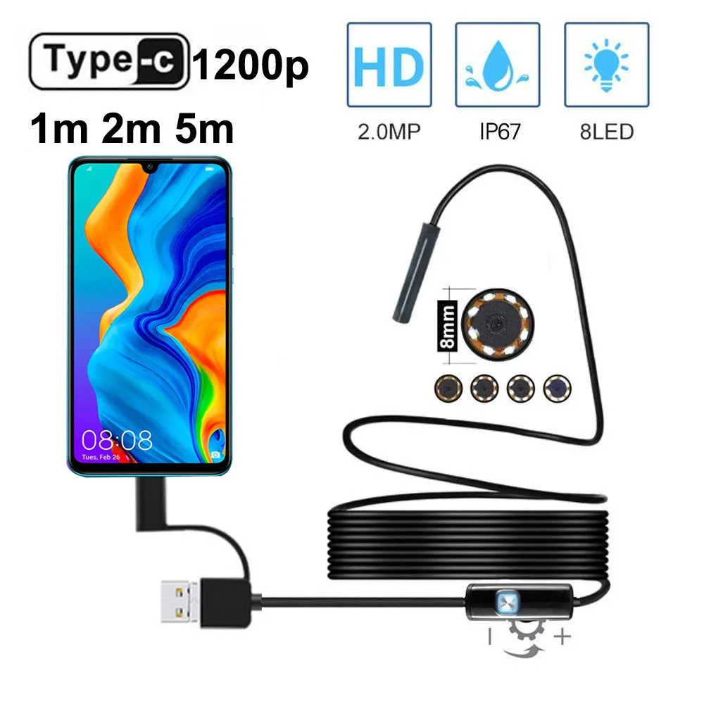 

HD 1200P USB C Endoscope Semi Rigid Cable Waterproof 8mm Lens 8 Adjustable Led Light Endoscope Camera For Android Phone &PC