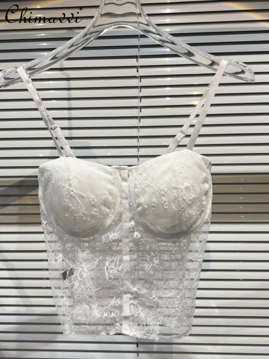 

Women's Sexy Lace Stitching Hollow Out Solid Color Camisole 2022 Summer New Fashion Sponge Brassiere Pad Pullover Top for Ladies