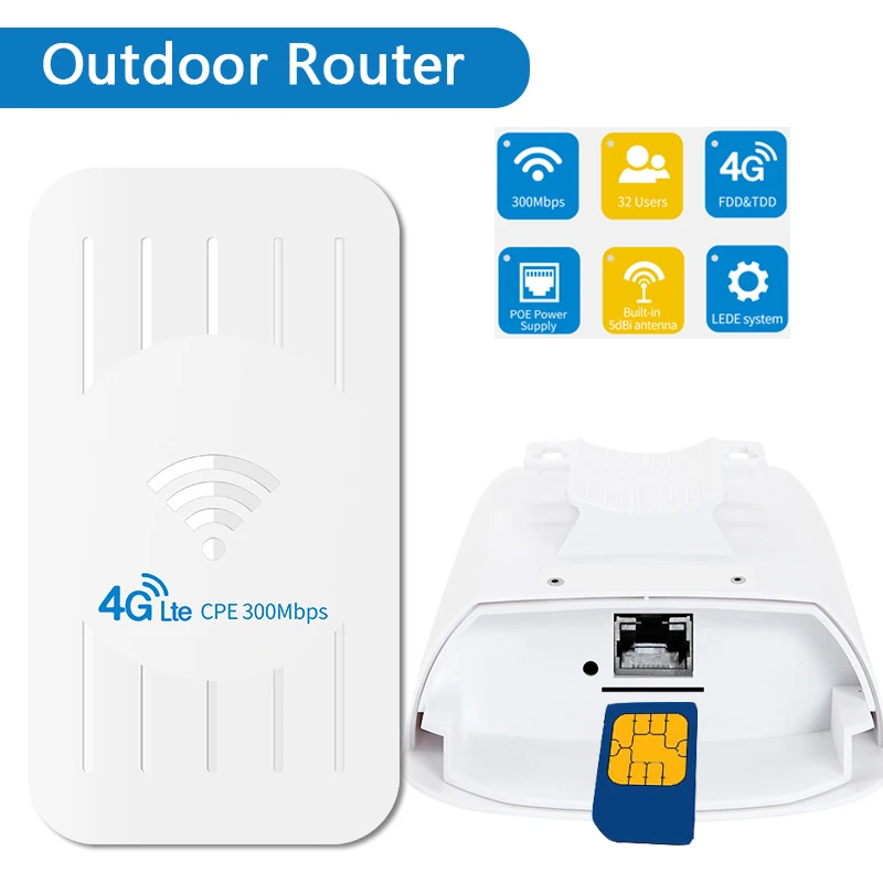 

EATPOW Waterproof Outdoor 4G WiFi Router 300Mbps Wifi Extender with SIM Card 3G/4G LTE Router Long Range 100M 32 Users