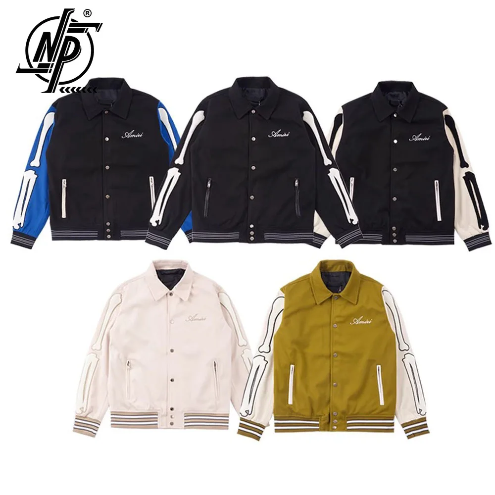 

Fashion Brand Letter Skeleton Embroidery Varsity Jacket Men Streetwear Warm Wool Blend Women Baseball Jacket Outfits Windbreaker