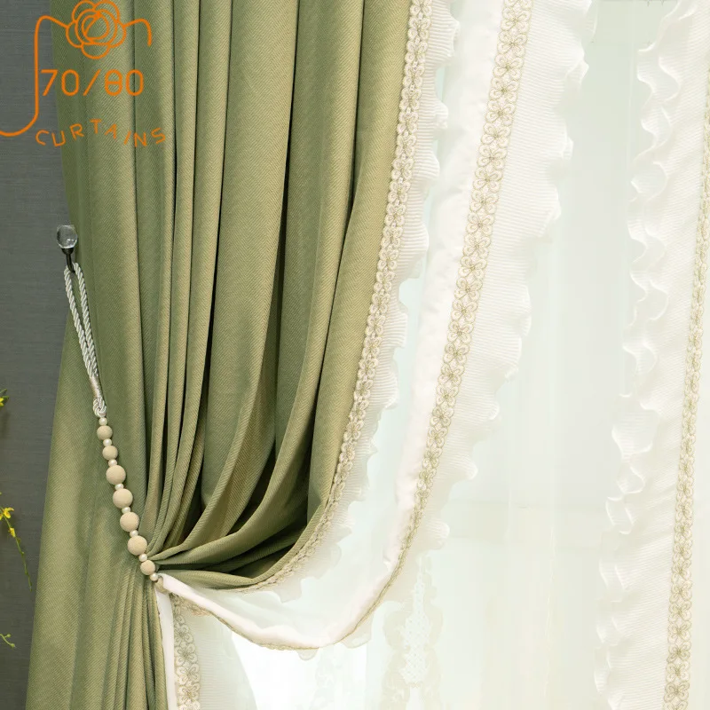 French Romantic Matcha Green Velvet W Jacquard Lace Stitching Blackout Curtains for Living Room Bedroom Custom Products