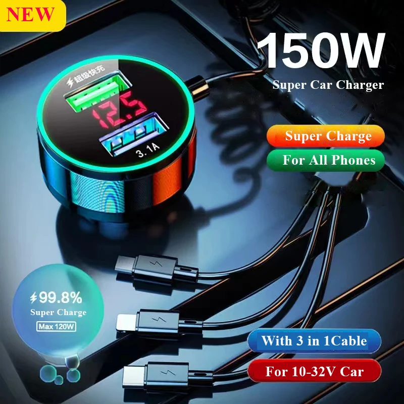 Car Usb Charger with cable 3 in 1 2 Port 150W Quick Charge with LCD for iPhone Pro max 12 11 Mini Samsung Xiaomi Mobile Phone