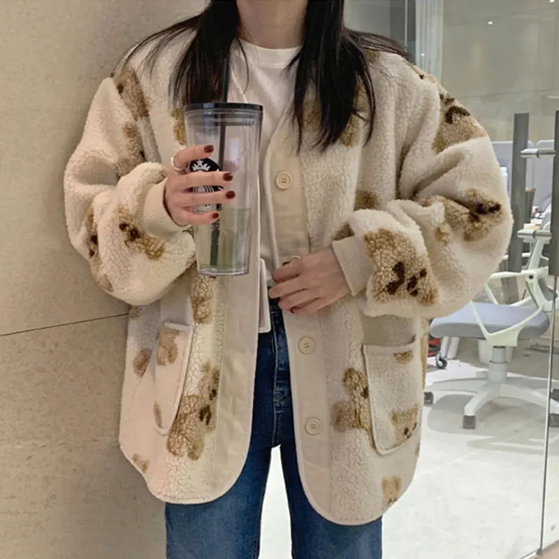 Clothland Women Chic Bear Lamb Fur Jacket V Neck Single Breasted Long Sleeve Padded Coat Autumn Winter Thick Tops CA382