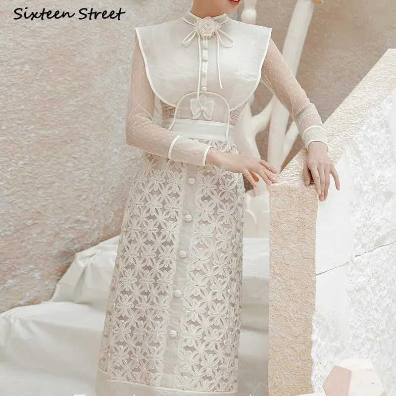 

Apricot Lace Women Dress Single Breasted Vintage Clothing Ladies Runway Design Embroidery Flower Party Vestido Summer 2023