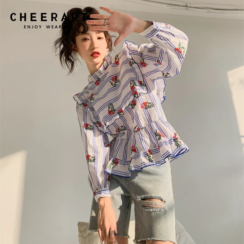 

CHEERART Spring 2022 Fashion Women Vintage Ruffle Long Sleeve Peplum Blouse Floral Top Lantern Sleeve Blue Ladies Top Clothing