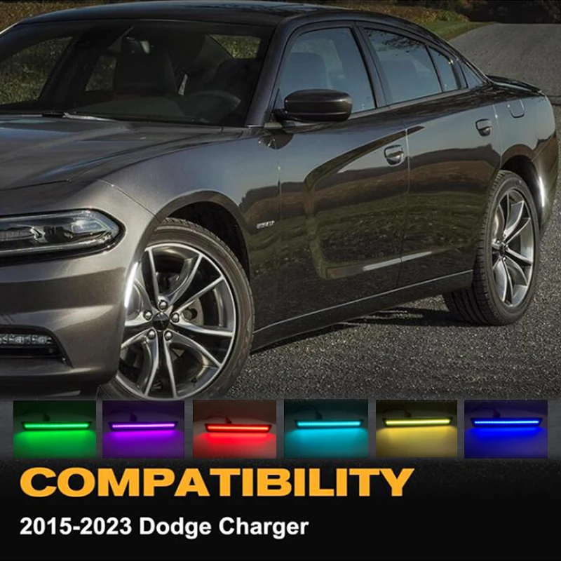 Фото Светодиодные боковые габаритные фонари RGB для Dodge Charger 2015-2023, дымчатые линзы, передний и задний бампер, комплект указателей поворота в сборе, аксессуары №5