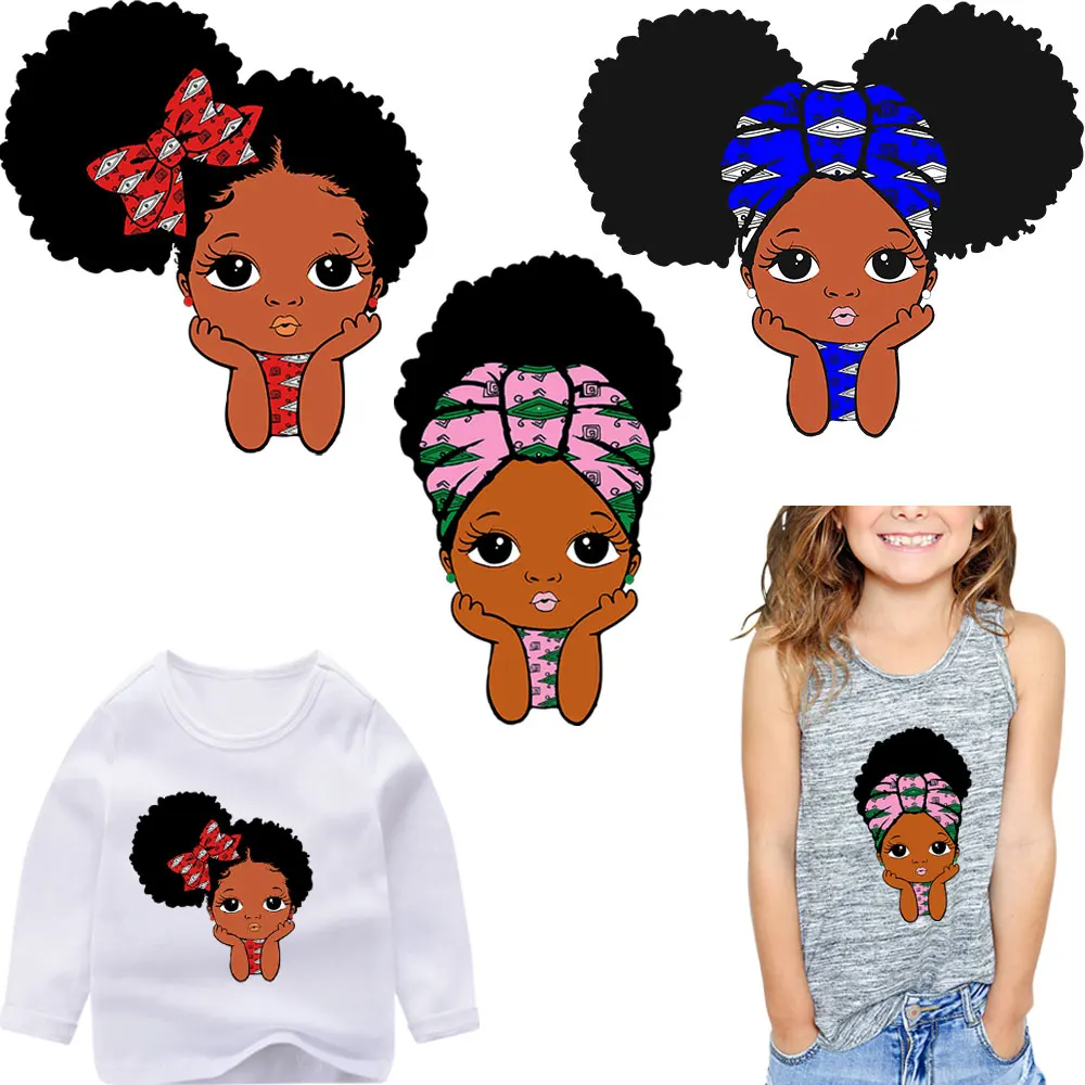 

Heat Transfer Vinyl Sticker Iron -On Patches Cute Little Black Afric American Girl Thermo Sticker on Kids Clothes Stripe Patches