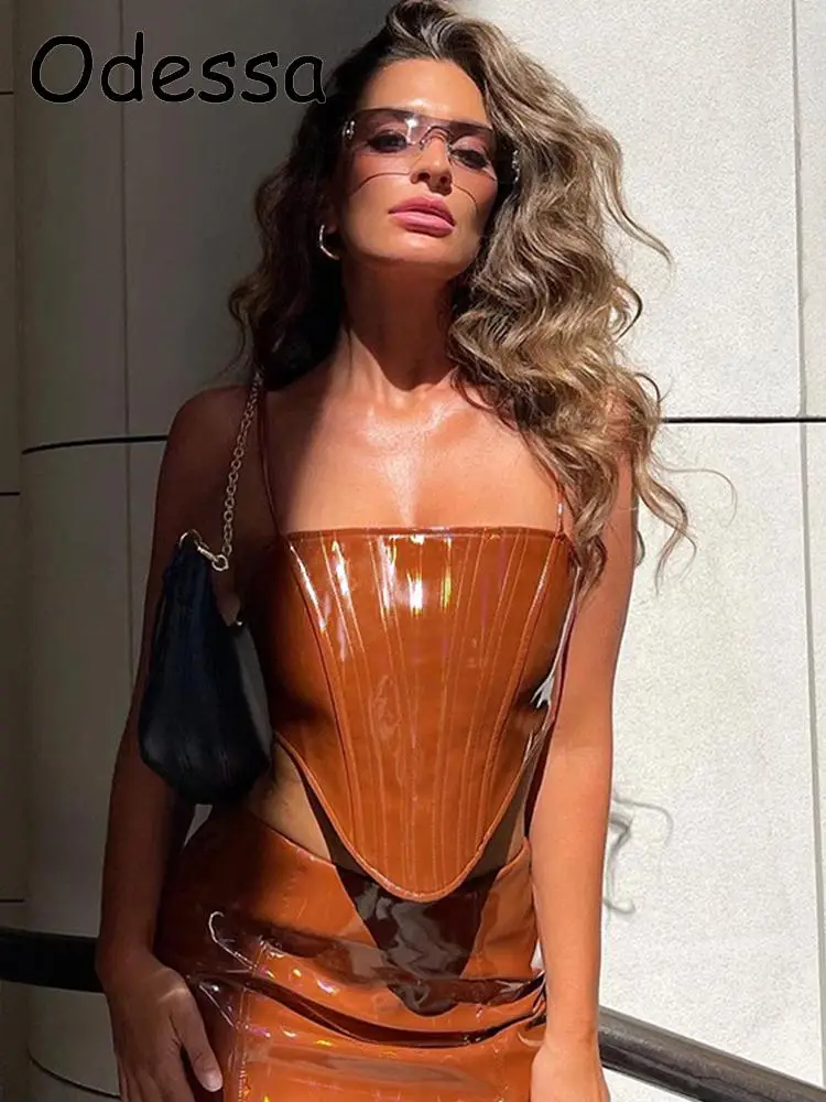 

Odessa Women's Pu Leather Tank Tops Corset Fashion Sleeveless Backless Bustier Crop Top Lady Clubwear Summer Slim Vest Camis Y2K