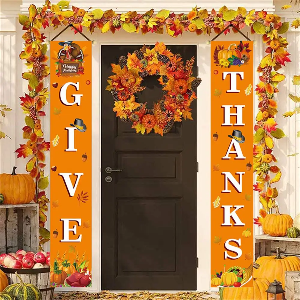 1 Set 30*180cm Thanksgiving Couplet Door Decoration Happy Fall Harvest Door Banner Curtain Porch Leaves Pumpkin Home  Couplet