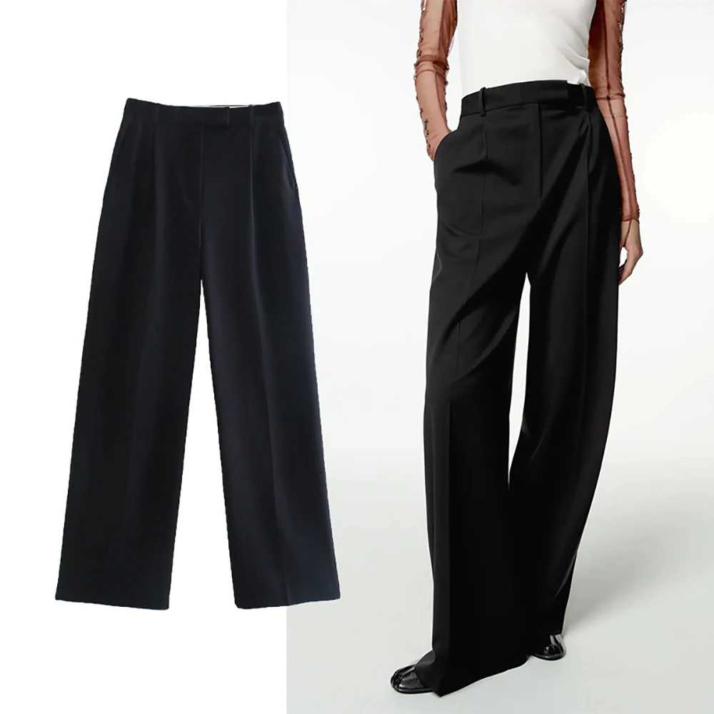

ZA Women Solid Wide Leg Pants Pants 2022 Spring Autumn Long High Waist Zipper Pockets Fashion Sexy Chic Straight Casual Trousers