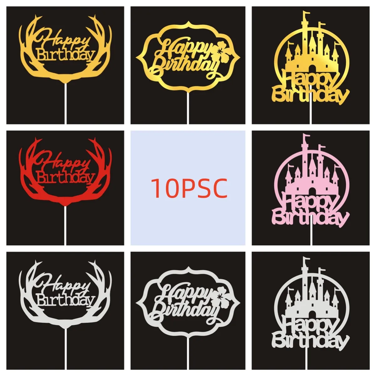 

10 Pcs / Bag Antler English Happy Birthday Cake Toppers Party Decorations Baking DIY Accessories