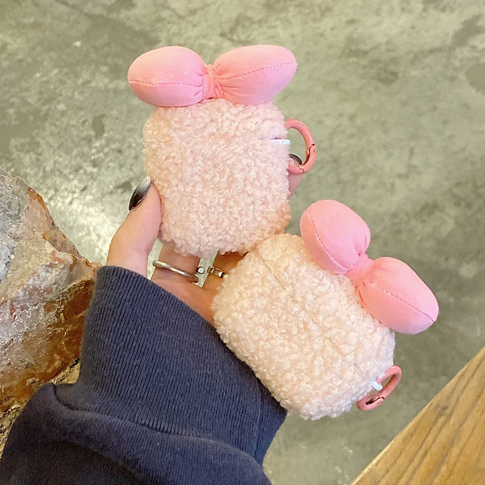 

Case For Apple AirPods 1 2 3 2021 Cute Pink Plush Curly Wool Bow knot Earphone Case for Air Pods Pro Headset Shell Cover funda