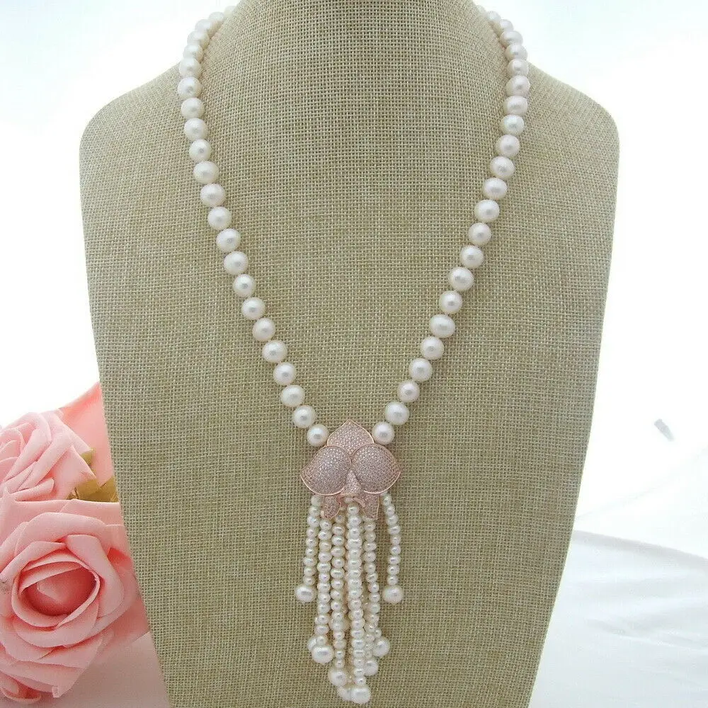 22''9-10mm white freshwater Pearl Zircon Necklace