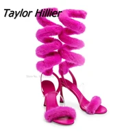 summer new textured plush decorative stiletto sandals fashion open toe ankle straps womens sandals nightclub party high heels