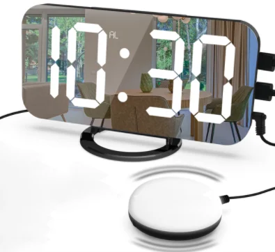 

Digital LED Alarm Clock Mirror 2 USB Charger Ports Night Light LED Table Clock Snooze Function Adjustable Brightness Desk Clocks