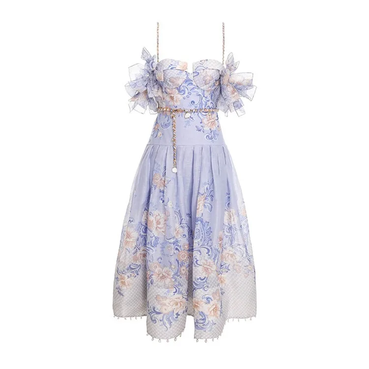 

2022 Spring and Summer New Fashion Brand Dress Blue Print Suspenders One-shoulder Princess Dress Super Fairy Dresses for Women