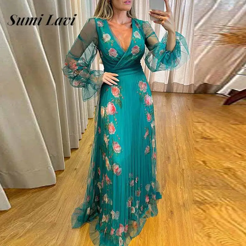 

Autumn Slim Waisted Big Hem Banquet Dress INS Floral Print V Neck Pleated Long Dress Lace Splicing Long Sleeve Mesh Party Dress