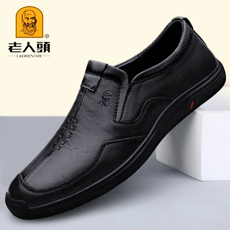 Old Men's Toe Shoes Leather Breathable Business Casual Slip-on Soft Bottom Driving Dad Wear-R...