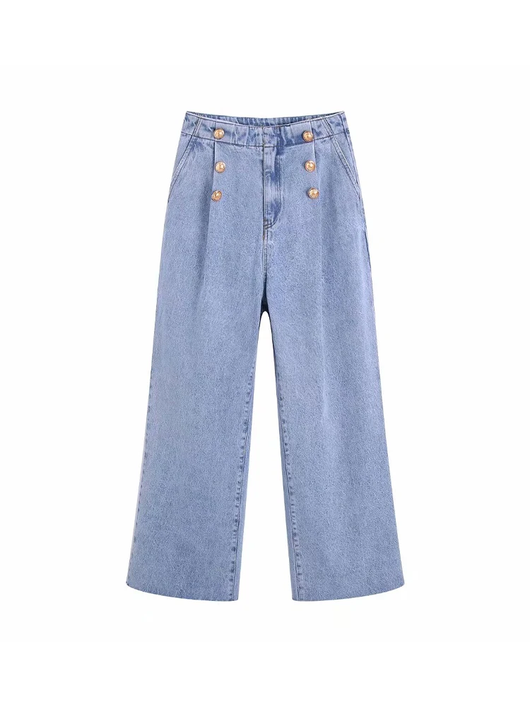 

PB&ZA8527055 Women 2022 New Chic Fashion Breasted decoration wide leg Jeans Vintage high waist Female Denim Pants Mujer 8527/055