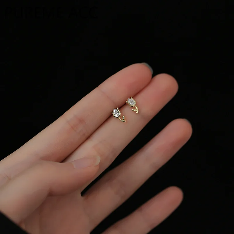 

Very Tiny Flower Stud Earrings In Sterling Silver with Sparkly CZ Crystals, Simple and Minimalist, Sterling Silver 925