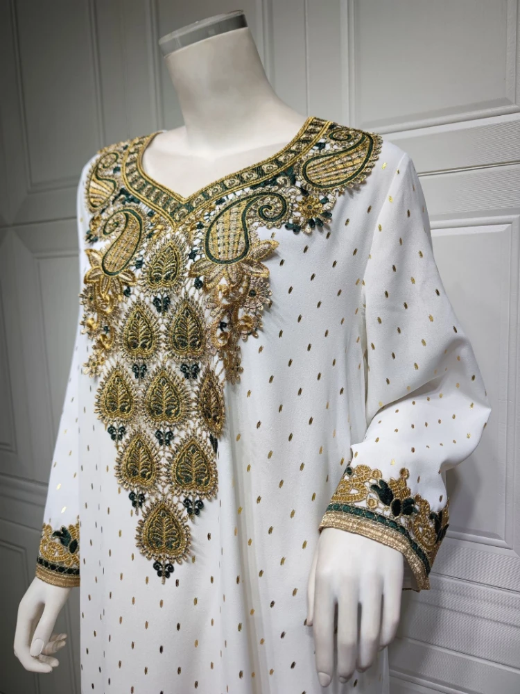Muslim White Dress Evening Gowns Dubai Turkey Women Long Sleeve Kaftan Abayas 2023 Eid Mubarak Islamic Clothing Sequin Boubou