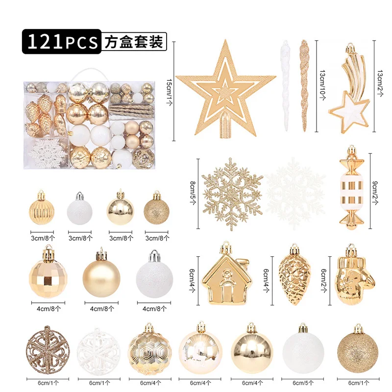 

121Pcs Christmas Ball Tree Top Star Decoration Plastic Gold White Bauble Christmas Tree Hanging Ornaments Navidad Natal Noel