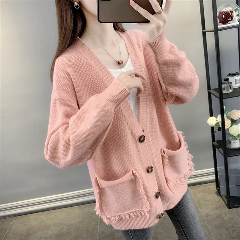 

Fashion Korean Tassel Big Pocket Knit Sweater Women Loose Cardigan Knitwear Top 7 Color V-Neck Long Sleeve Knitted Jacket Female