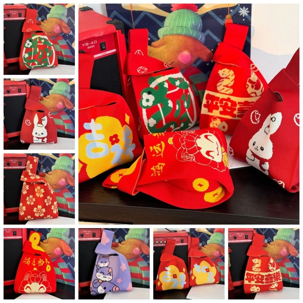 Нежная красная подарочная сумка на Новый год 2025 года вязаная с цветочным