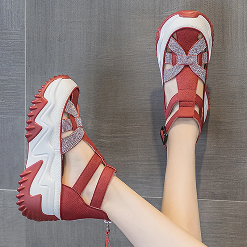 Hollow Chunky Rhinestones Fashion 6.5cm Genuine Leather Women Vulcanize Sandles New Female Summer Comfy Lace Fashion Ladies Shoe