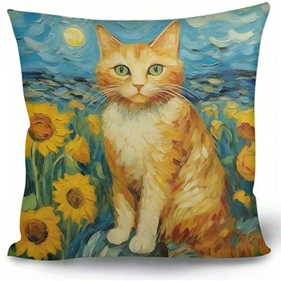 

Наволочка Ван Гог стиль кошка и подсолнухи полиэстер велюр