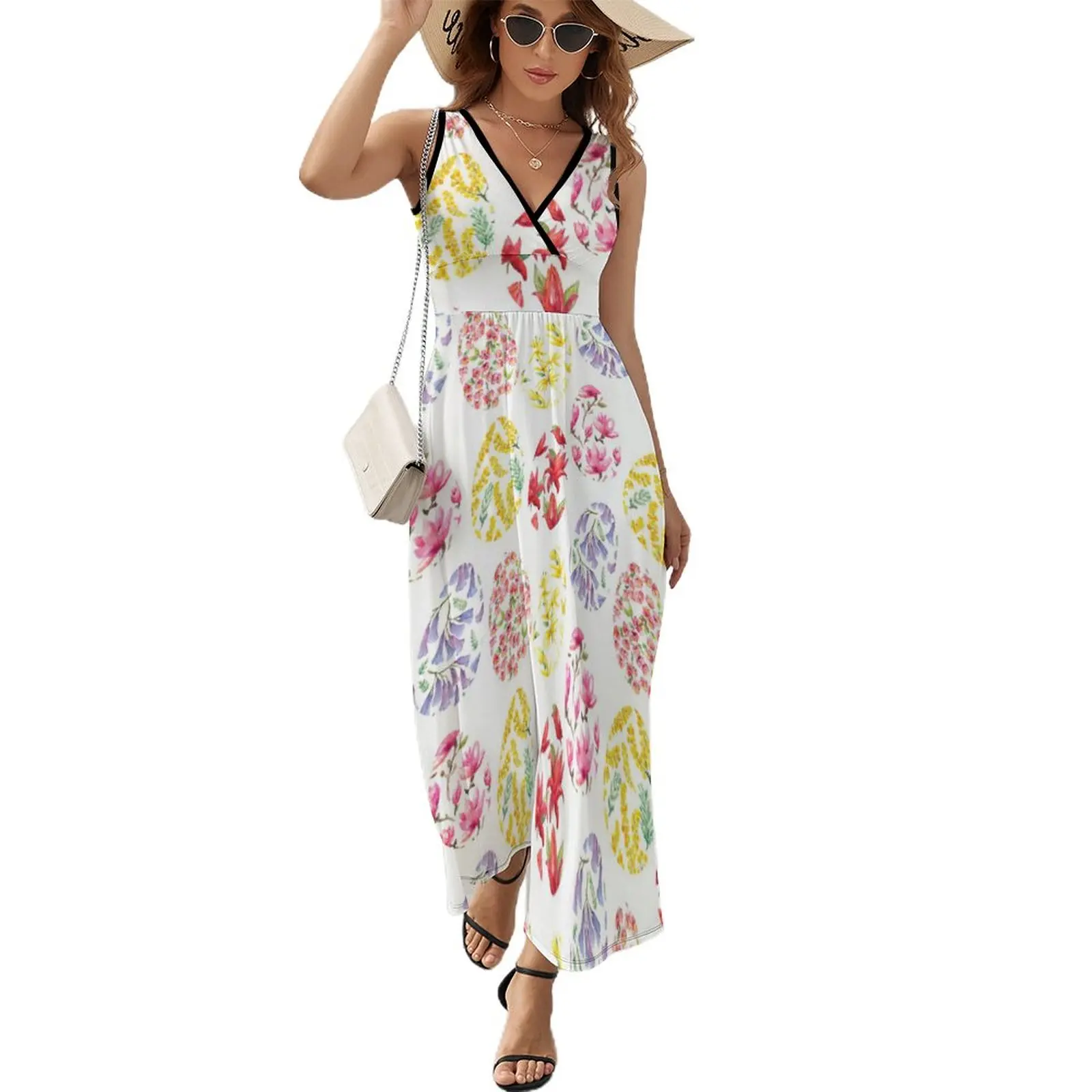 

Easter Dress Flower Eggs Art Print Kawaii Boho Beach Long Dresses V Neck Print Maxi Dress High Waist Aesthetic Clothes Oversized