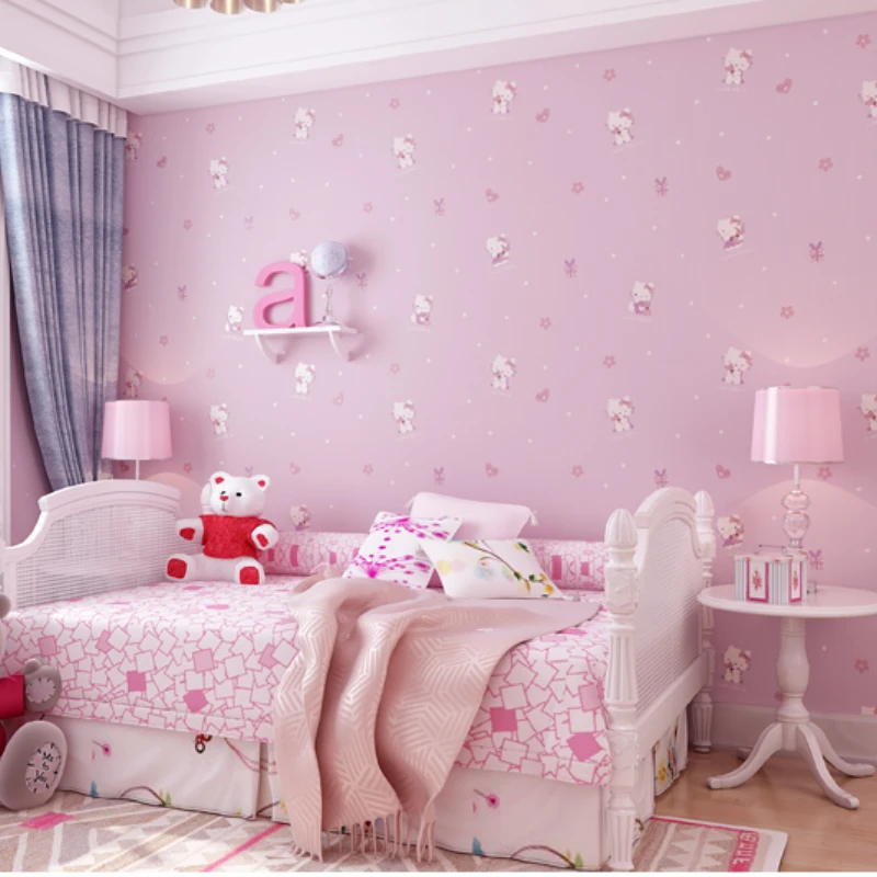 

Children's Room Girl Kt Cat Wallpaper Cute Cartoon Pink Princess Room Bedroom Non-woven Wallpaper Bedroom Decoration ZS