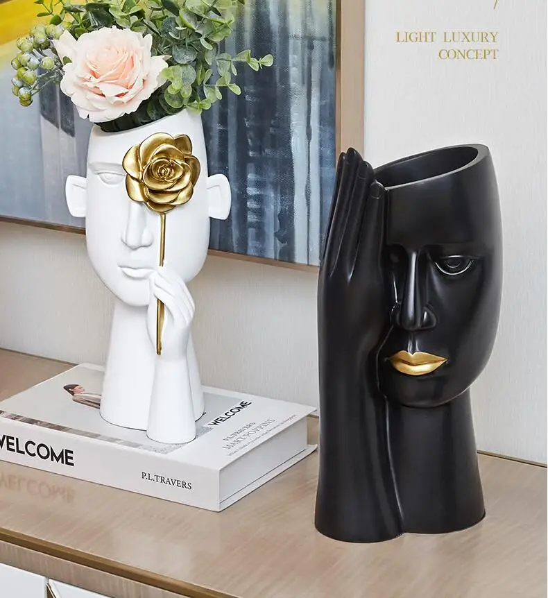 

Nordic Portrait Vases Resin Sculpture Resin Face Flower Pots Home Livingroom Accessories Crafts Cafe Table Figurines Decoration