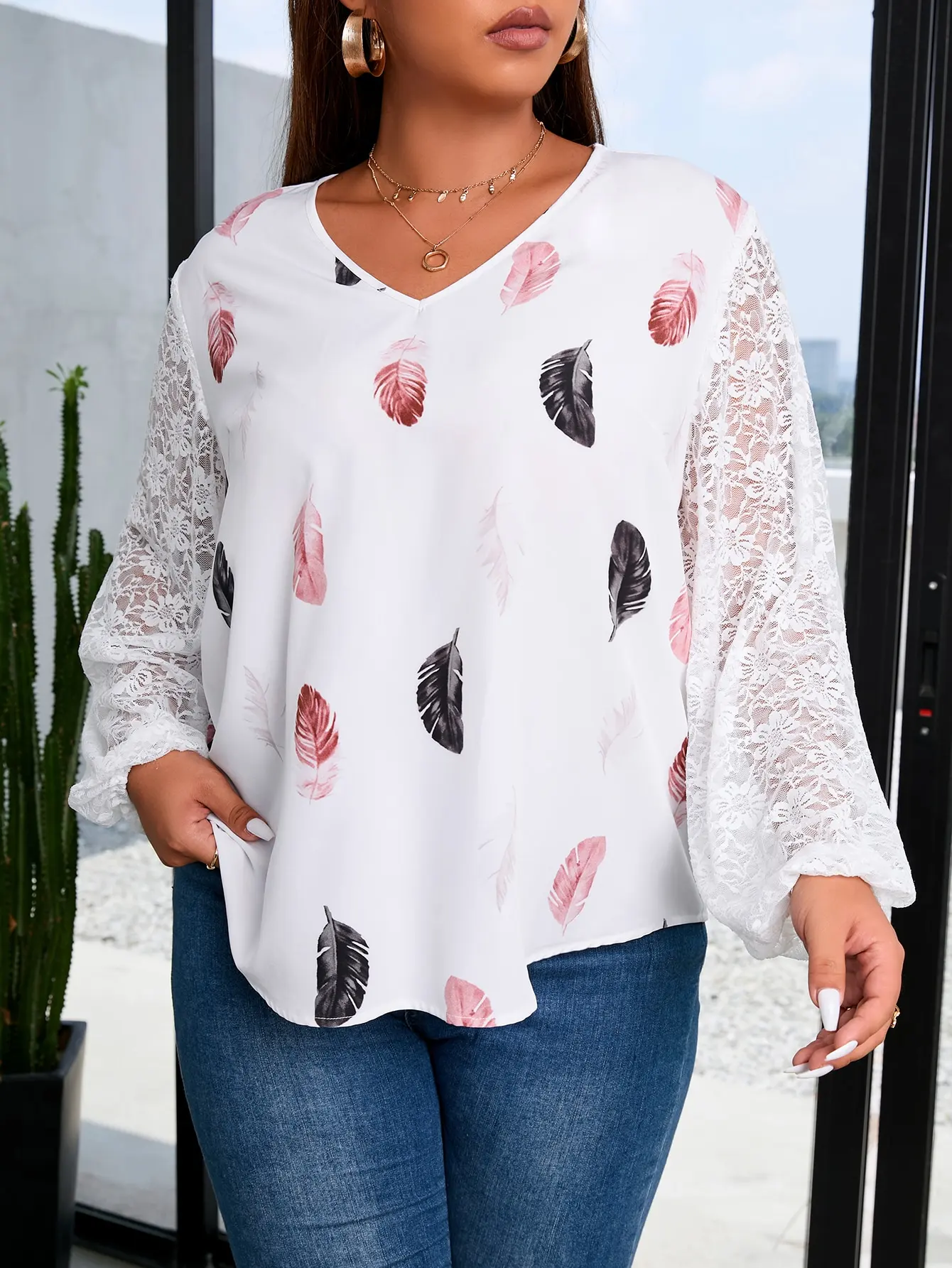 

Finjani Blouses Plus Size Women Clothing Novelty Feather Print T-Shirt Top Fashion Lace Long Sleeve Blouse