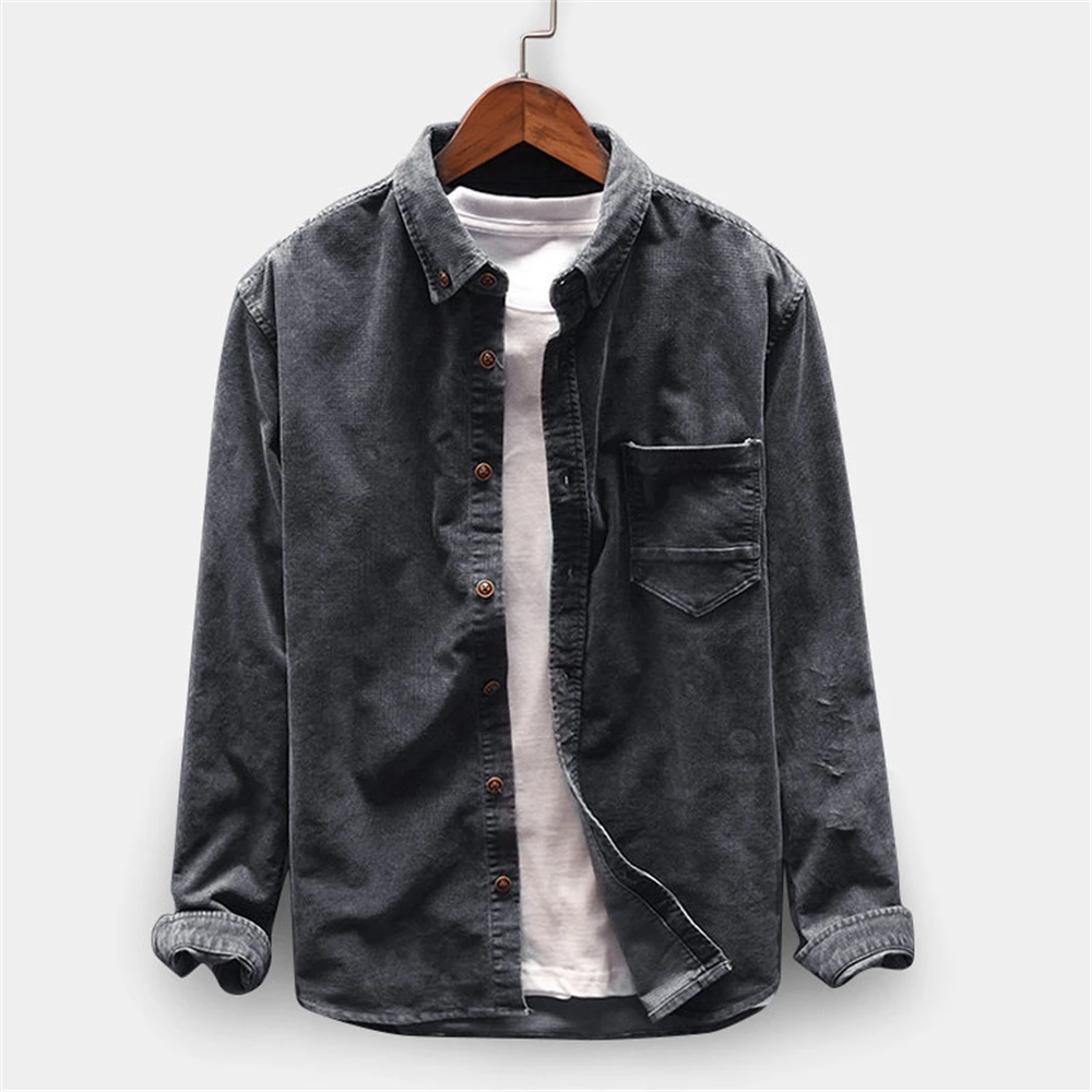 

New Men's Corduroy Shirt Japanese Style Retro Slim Lapel Men's Casual Jacket Long Sleeve Top Solid Color Commuter M-4XL