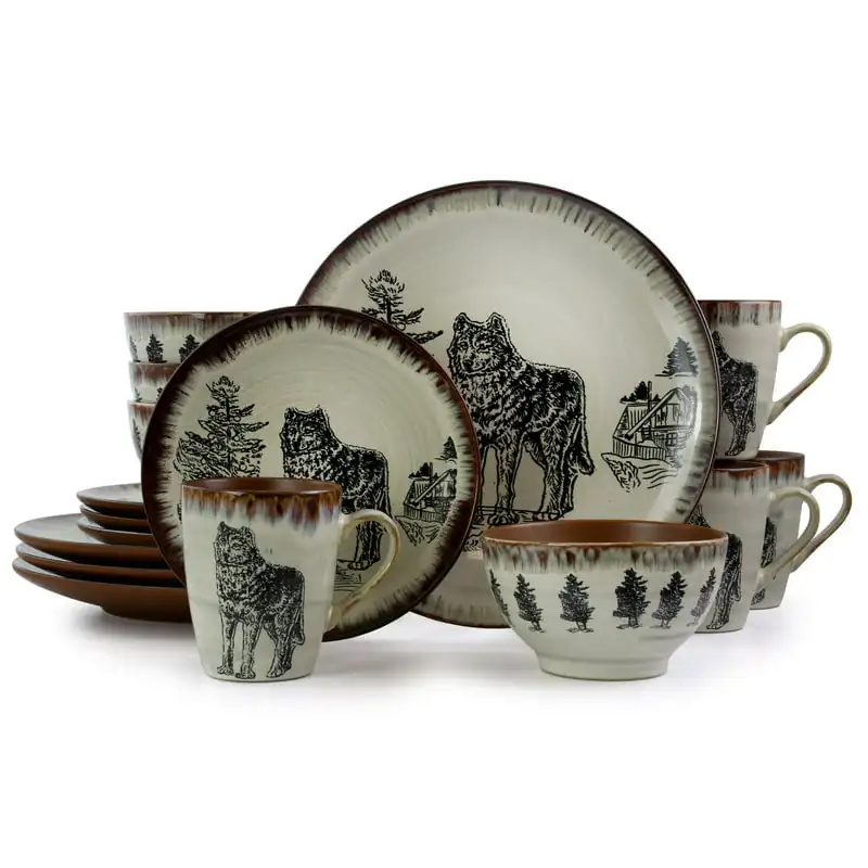 

Набор посуды из 16 круглых керамических изделий с изображением волка, цвет серо-коричневый