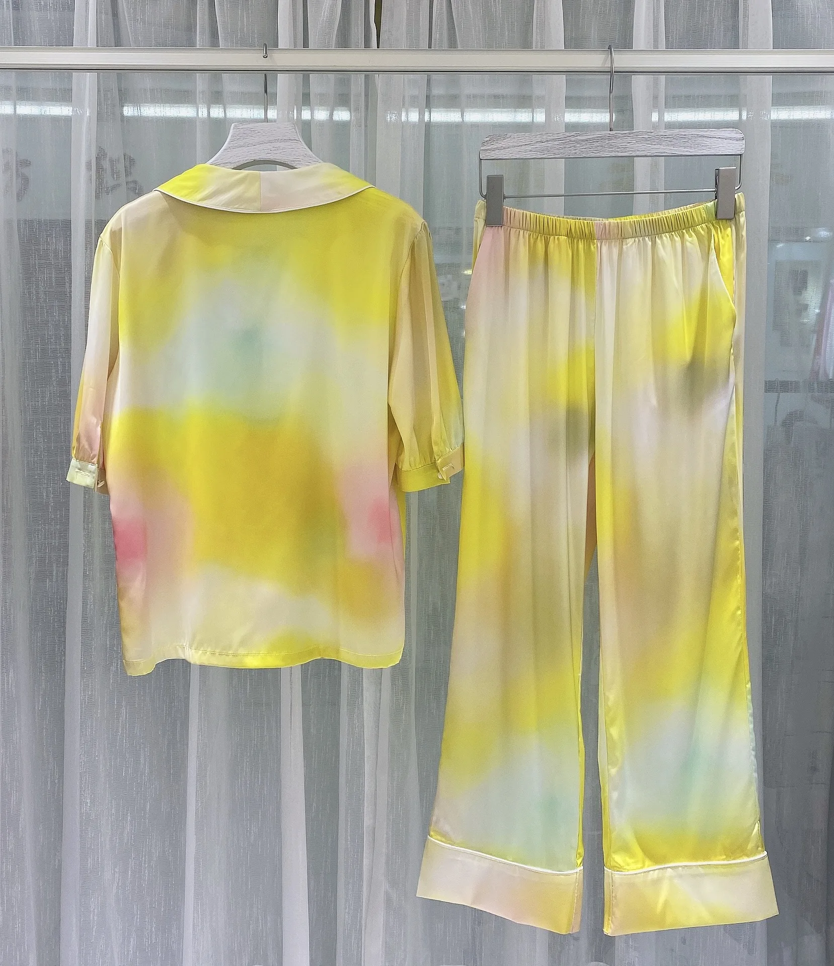 Women's Satin Pajama Set Tie-dye Print Spring Autumn Ladies Sleepwear Long Sleeve Silk Like Turn Down Collar Pijama For Female