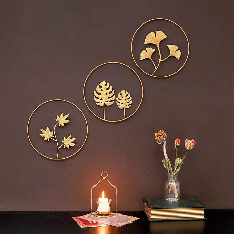 

Nordic Home Wall Decor Macrame Wall Hanging Decor Metal Round Gold Ginkgo Leaf Wall Stickers Decoration Decorative Wall Ledges