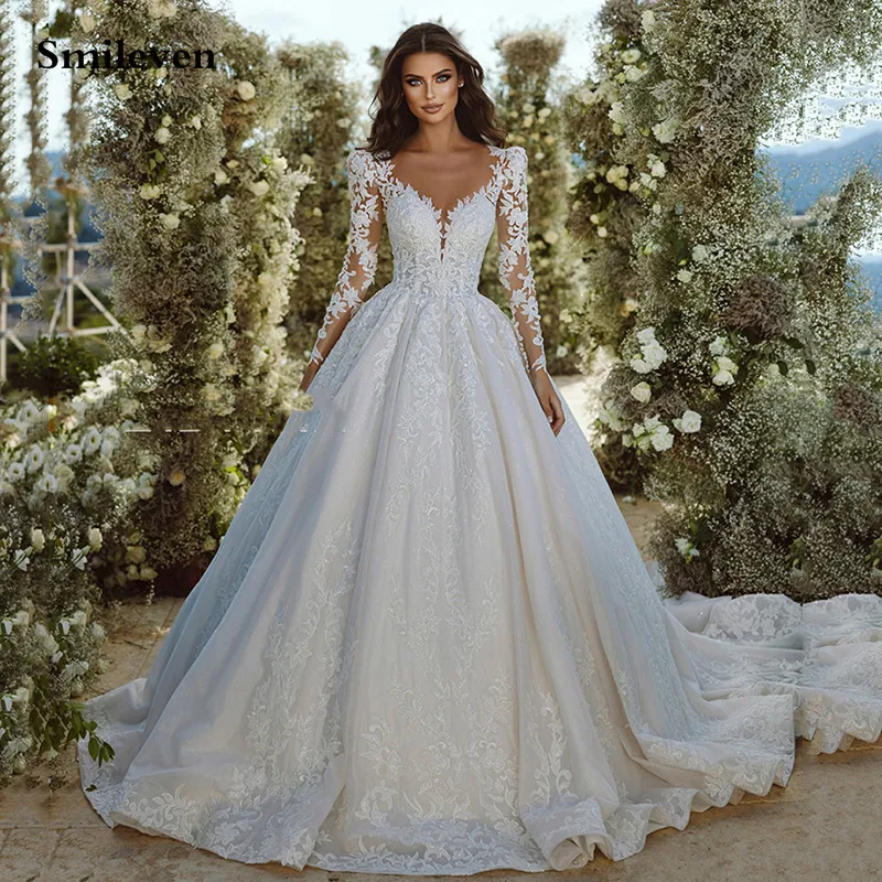 

Smileven Ivory Wedding Dress A Line Long Sleeve Appliqued Lace Bride Dresses Robe De Mariee Boho Wedding Gowns