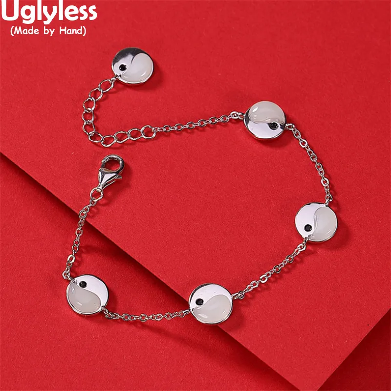 

Uglyless China Chic Eight Trigrams Designer Jade Medals Bracelets for Women 9MM MINI Round Thin Chains Bracelet 925 Silver Jewel