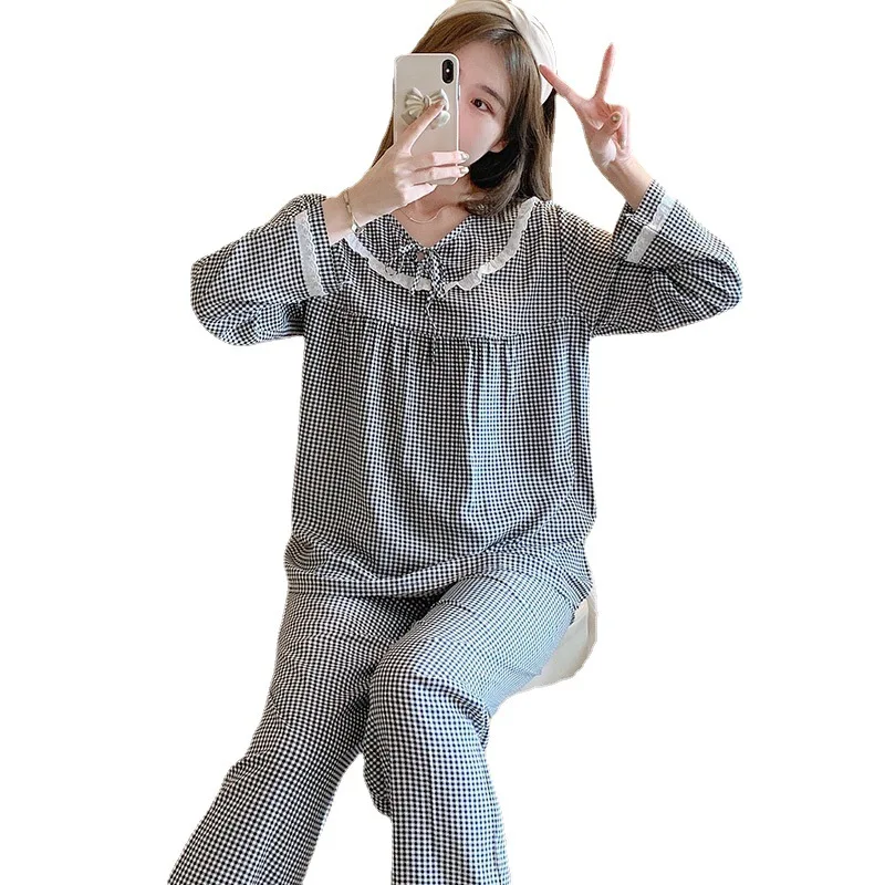 Pajamas Female Spring And Autumn Thin Month Wonen Lounge Nightdress Set  Sleepwear Cotton Silk  Pajama Lace Maiden