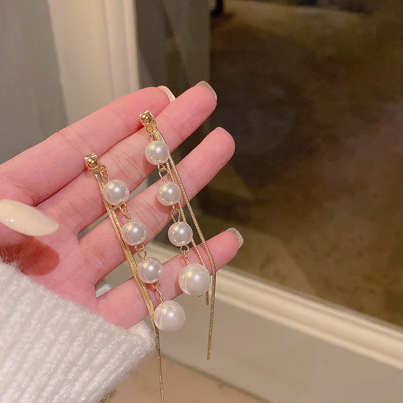 

2022 New Pearl Gold Long Tassel Earrings For Women Exaggerated Personality Advanced Design Sense Korean Fashion Jewelry Gifts