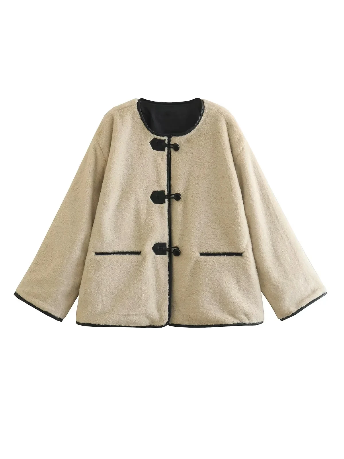 Autumn Women's Beige Round Neck Single-breasted Long Sleeve Chic Design Slightly Loose Jacket Jacket Faux Fur Coat Street Style