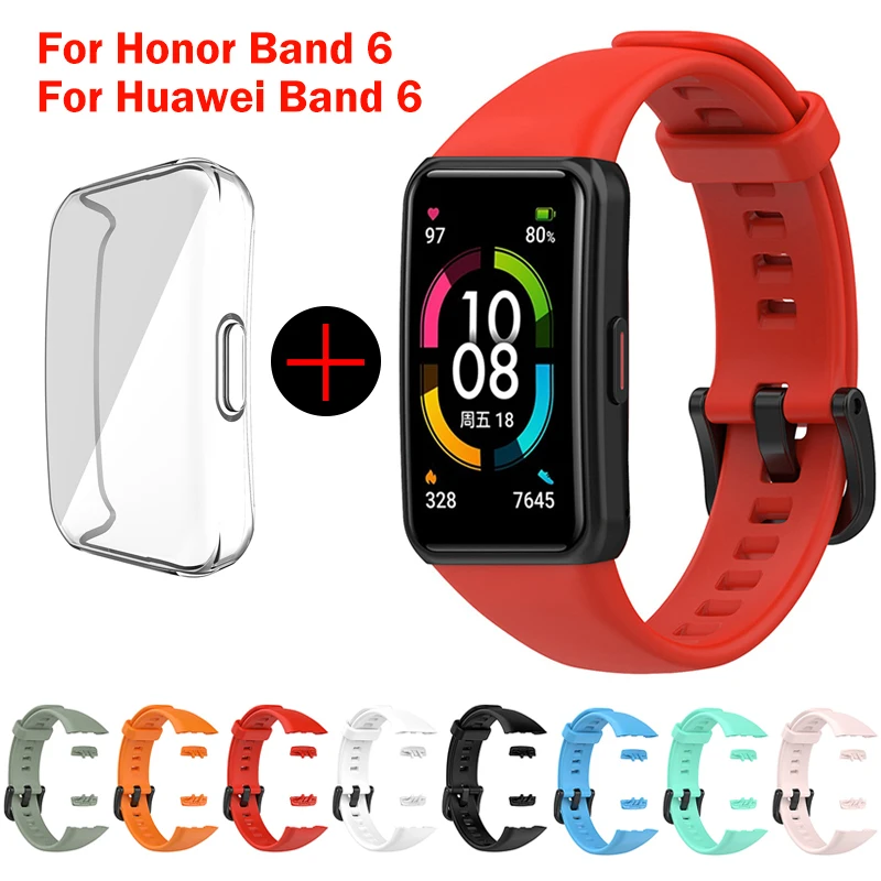 Сменный ремешок для Huawei Band 6, силиконовый ремешок для часов Honor Band 6, ремешок с ТПУ, защитный чехол на весь экран, черный ремешок
